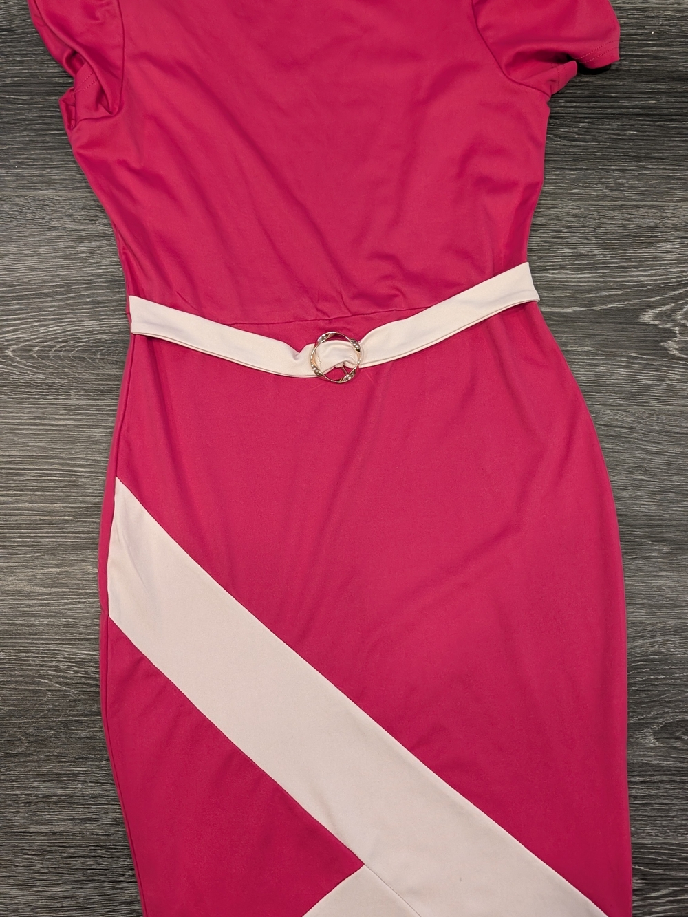 Women Fuchsia Pink Midi Sheath Dress with Pale Pink Belt